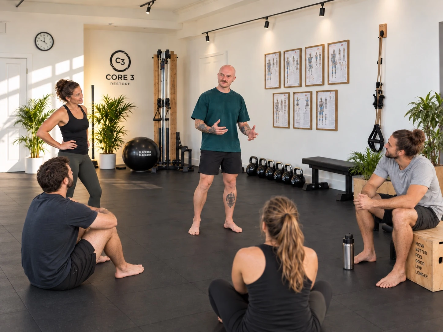 Chris leading movement coaching with clients in the Core 3 Restore studio