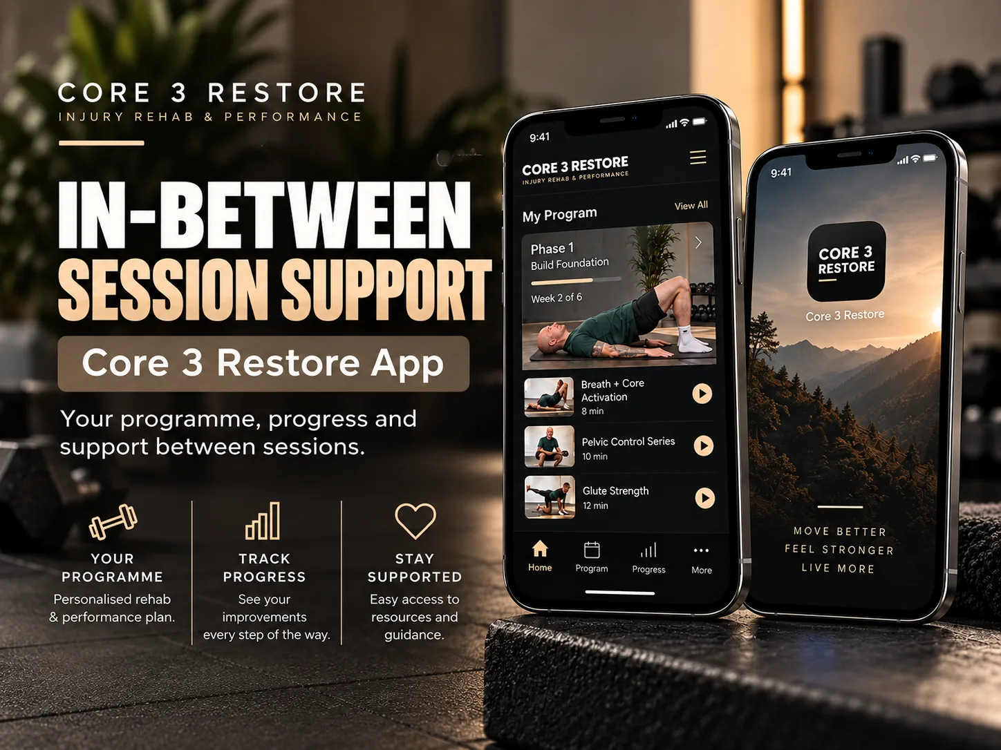 Core 3 Restore app showcase showing in-between session support